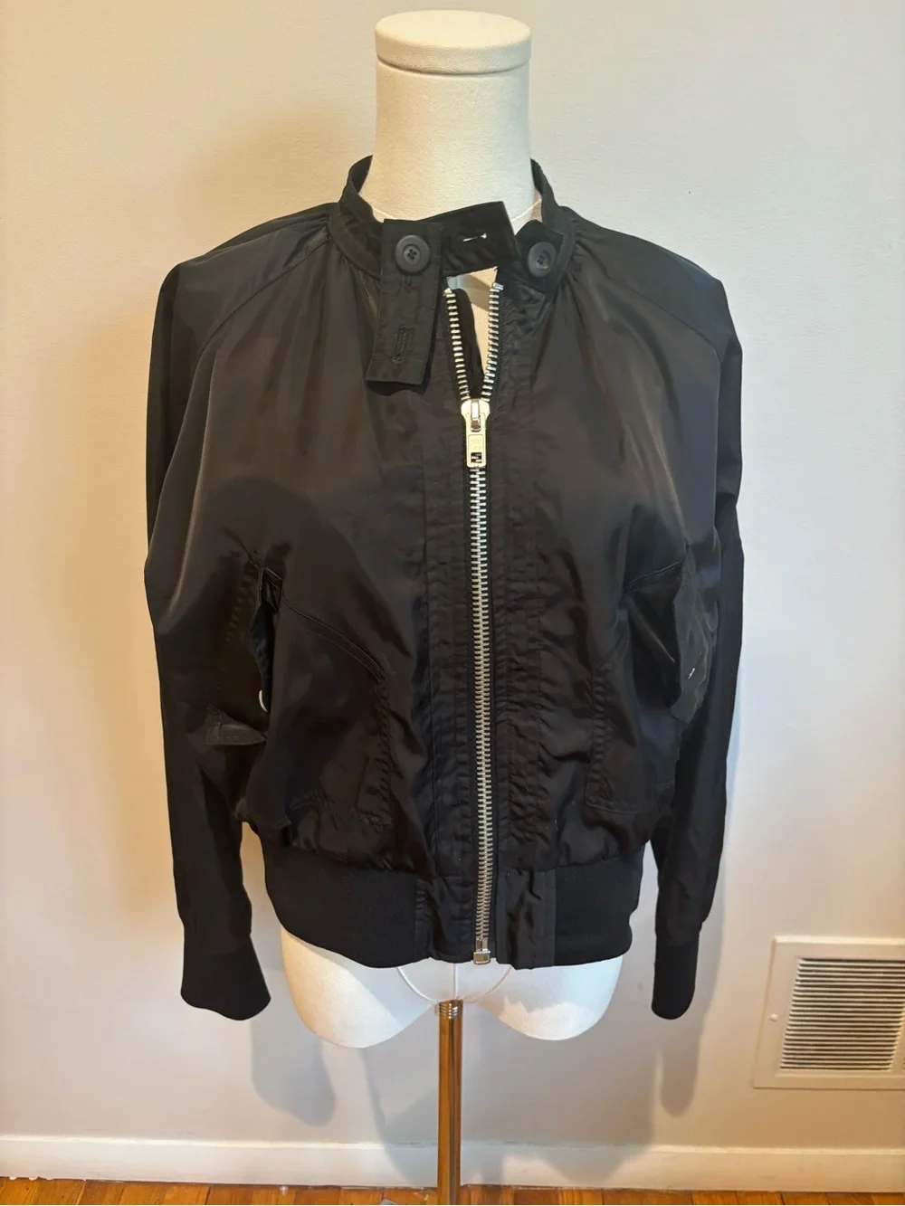 Free People Black Women's satin Bomber Jacket - Lightweight Zip-Front small